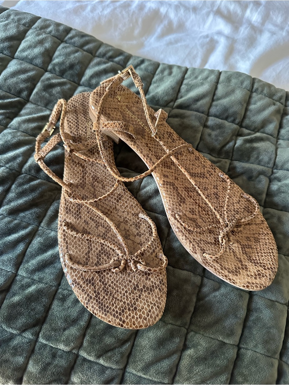 Anthropologie Tan Snake-Print Strappy Sandals